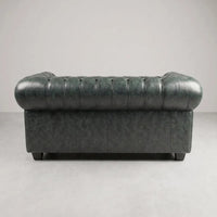 Chesterfield Green Leather Antique 2 seater sofa straight-on rear view of the button-tufted backrest