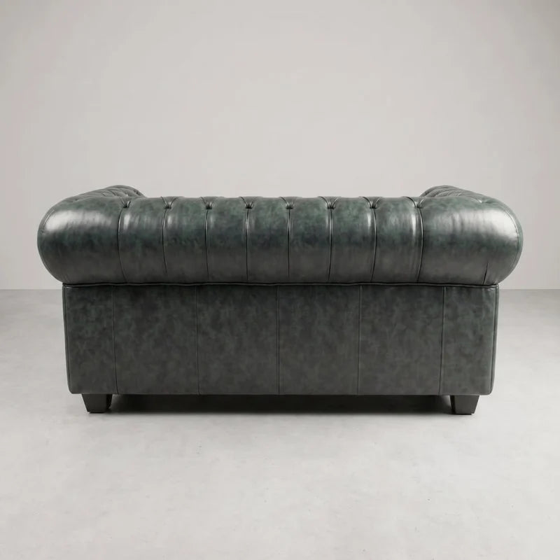 Chesterfield Green Leather Antique 2 seater sofa straight-on rear view of the button-tufted backrest