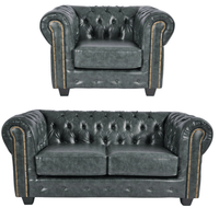 Chesterfield Green Leather Antique 2+1 Seater Sofa Set