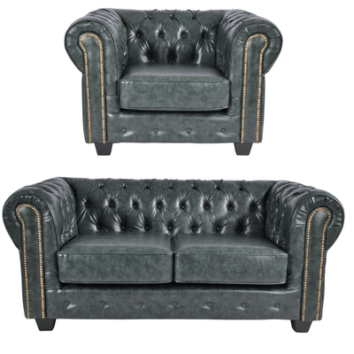 Chesterfield Green Leather Antique 2+1 Seater Sofa Set