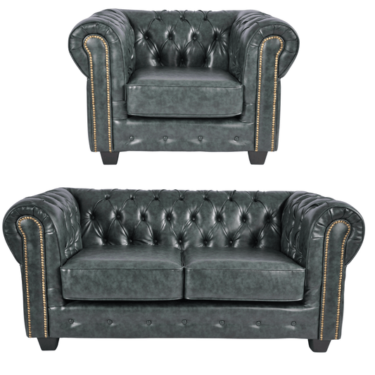 Chesterfield Green Leather Antique 2+1 Seater Sofa Set - Furniture Instore