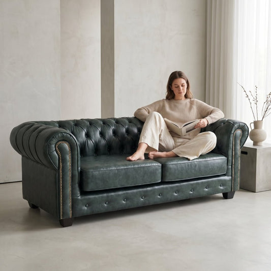 Chesterfield Green Leather Antique 3 Seater Sofa - Furniture Instore