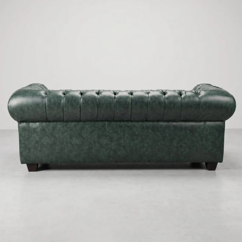 Chesterfield Green Leather Antique 3 seater sofa straight-on rear view of the button-tufted backrest