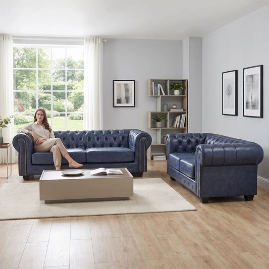 Chesterfield Green Leather Antique 3+2 Seater Sofa Set - Furniture Instore