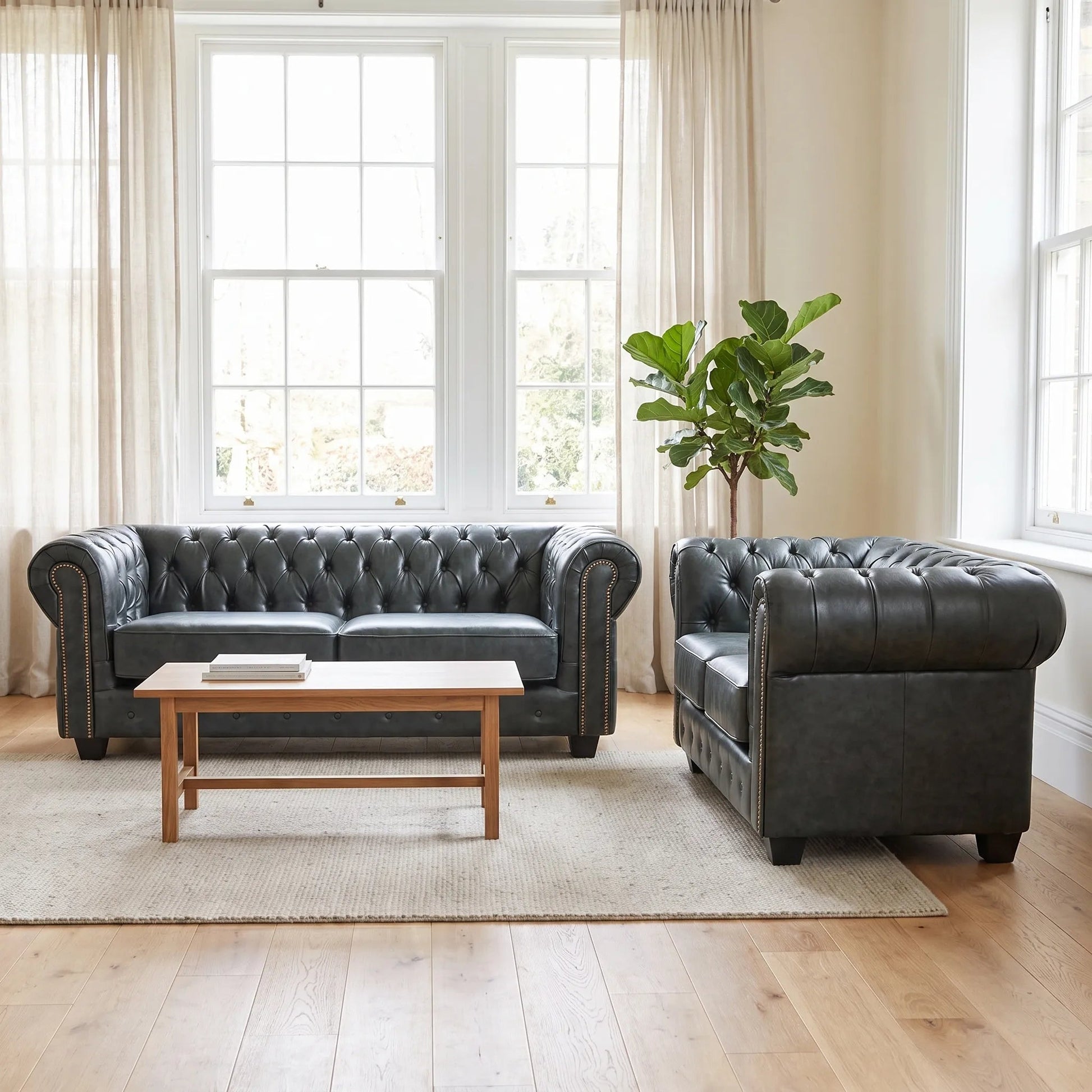 Chesterfield Green Leather Antique 3+2 Seater Sofa Set - Furniture Instore