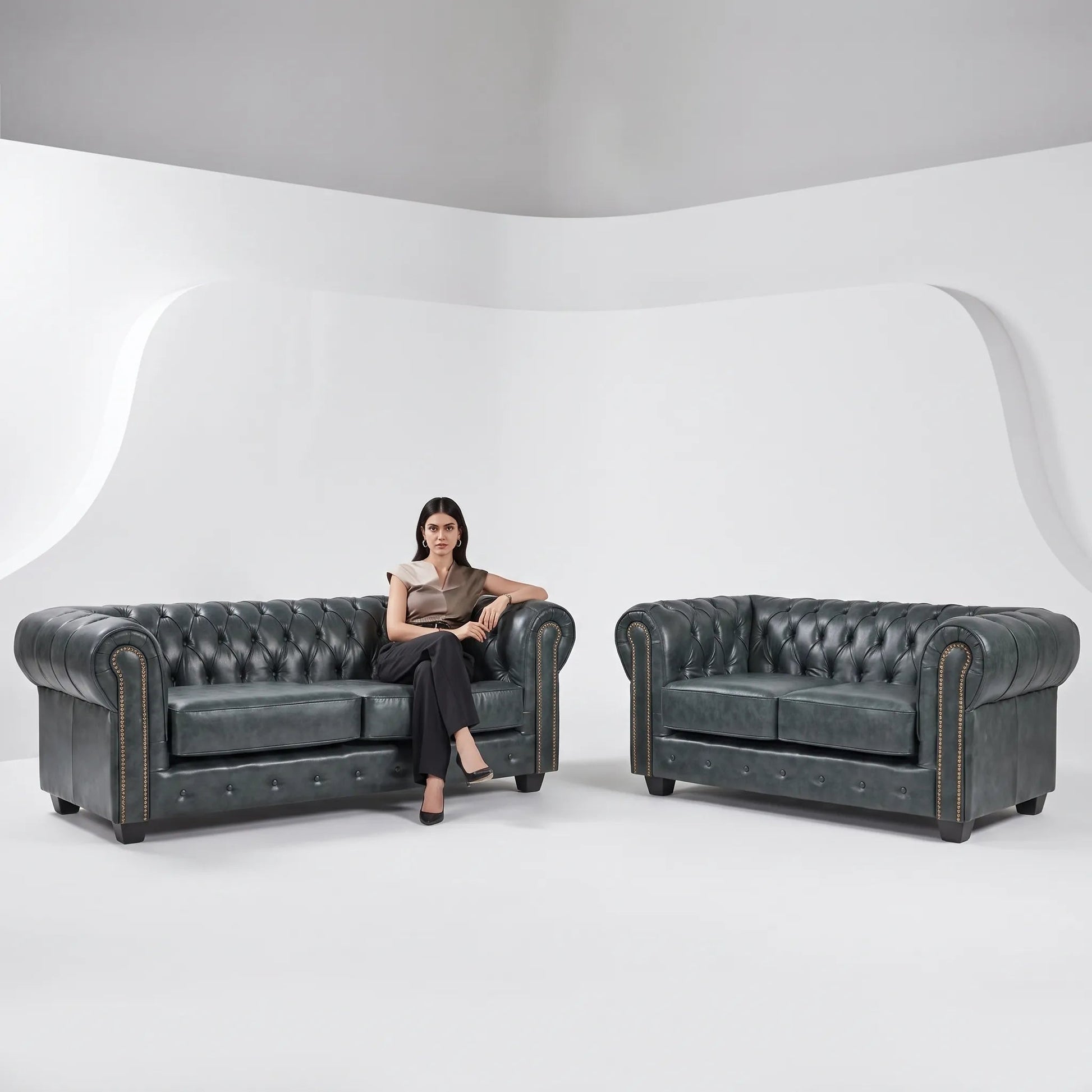 Chesterfield Green Leather Antique 3+2 Seater Sofa Set - Furniture Instore