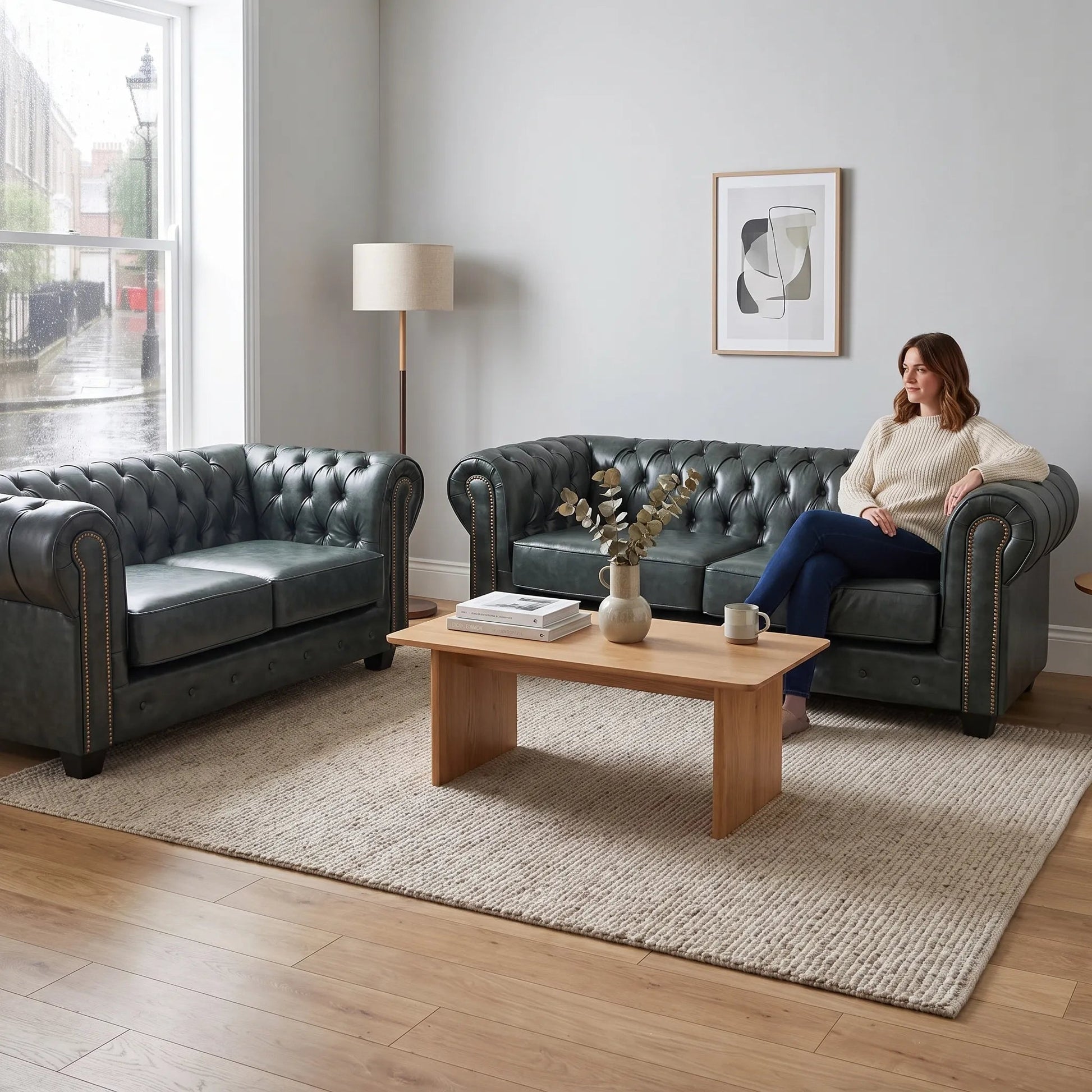 Chesterfield Green Leather Antique 3+2 Seater Sofa Set - Furniture Instore