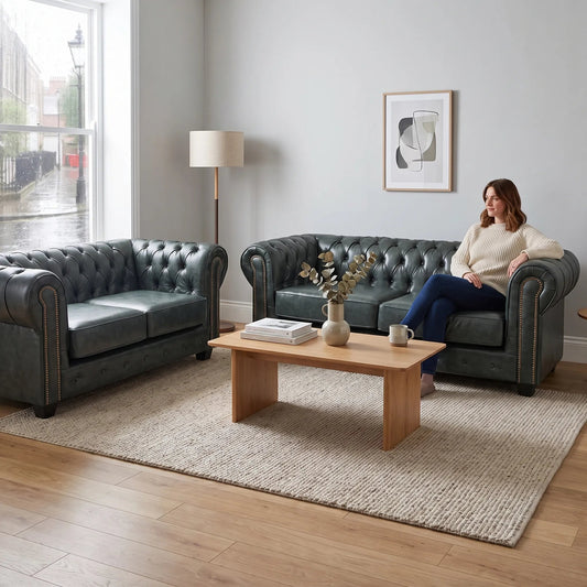 Chesterfield Green Leather Antique 3+2 Seater Sofa Set - Furniture Instore