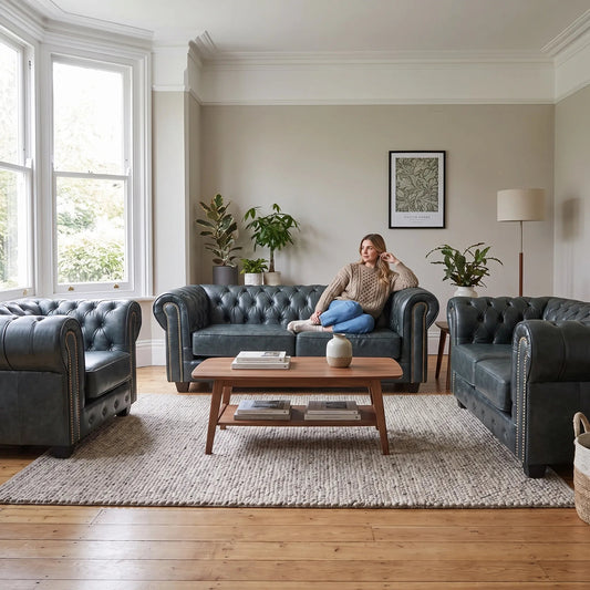 Chesterfield Green Leather Antique 3+2+1 Seater Sofa - Furniture Instore