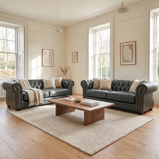 Chesterfield Green Leather Antique 3+3 Seater Sofa - Furniture Instore
