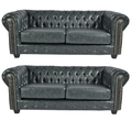Chesterfield Green Leather Antique 3+3 Seater Sofa
