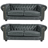 Chesterfield Green Leather Antique 3+3 Seater Sofa