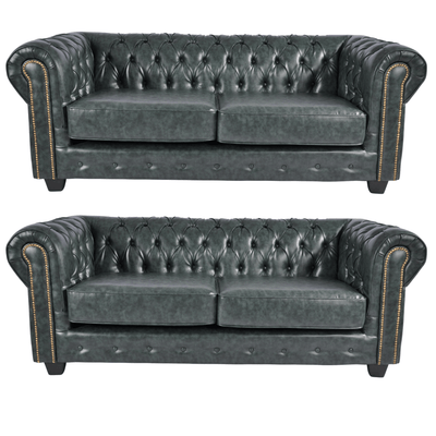 Chesterfield Green Leather Antique 3+3 Seater Sofa