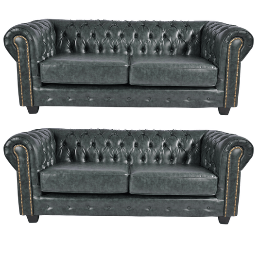Chesterfield Green Leather Antique 3+3 Seater Sofa - Furniture Instore
