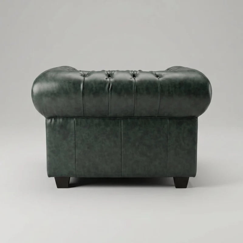 Chesterfield Green Leather Antique armchair straight-on rear view of the button-tufted backrest