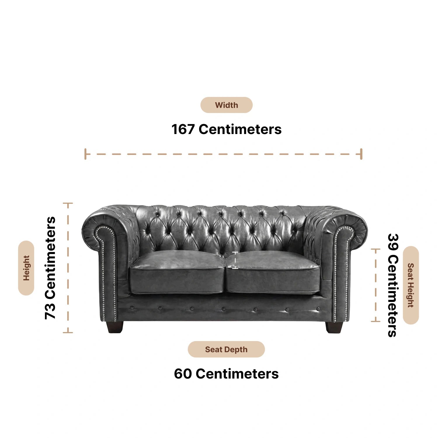 Chesterfield Grey Leather Antique 2 Seater Sofa - Furniture Instore