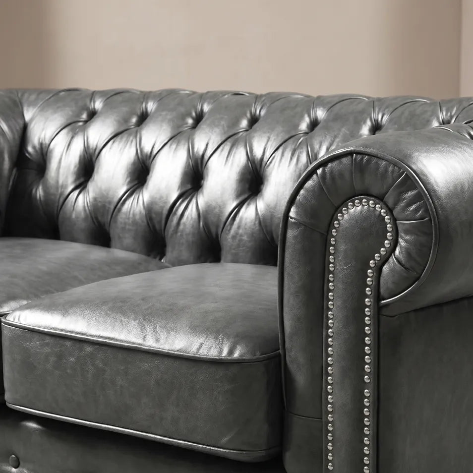 Chesterfield Grey Leather Antique 2 Seater Sofa - Furniture Instore