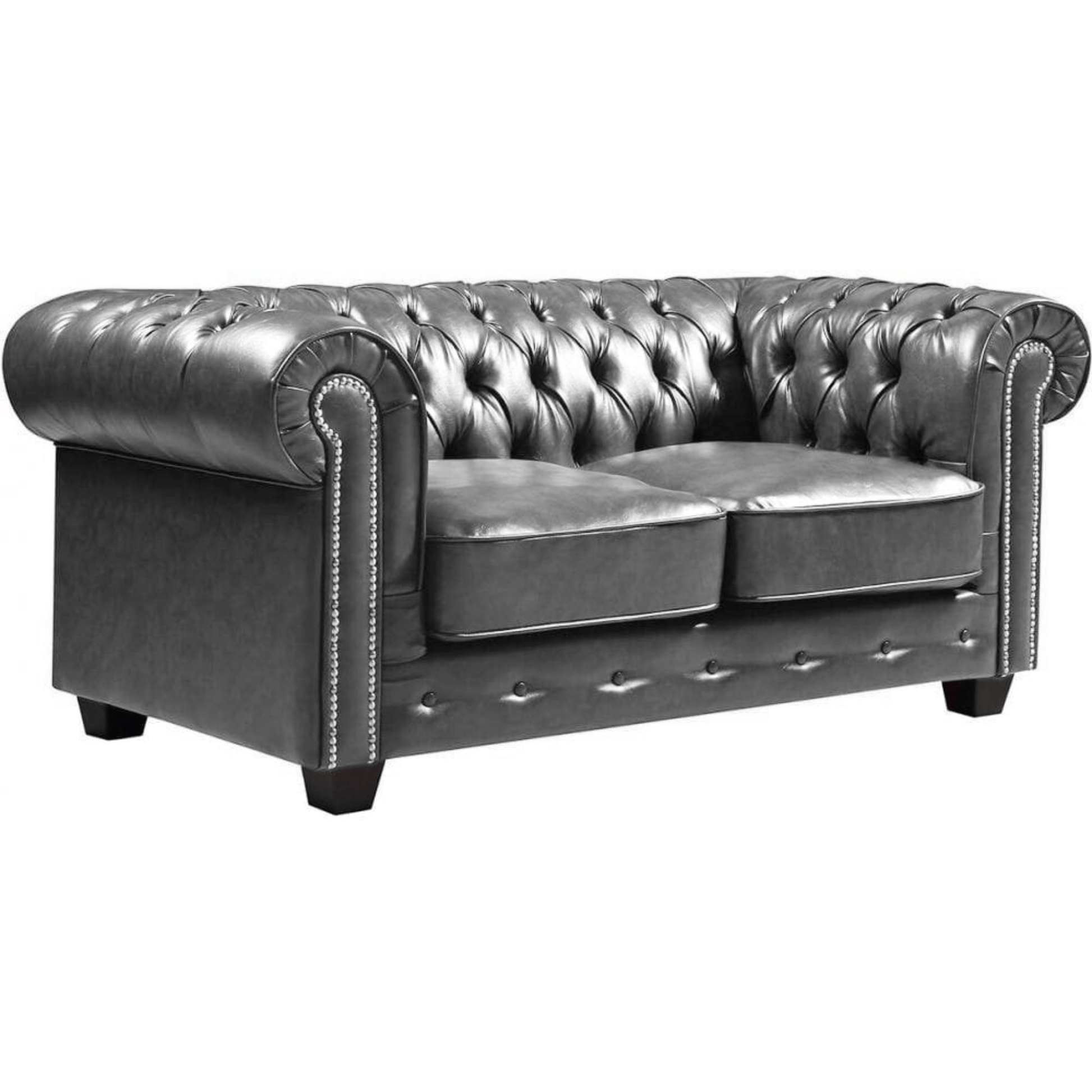 Gray tufted sofa on a white background