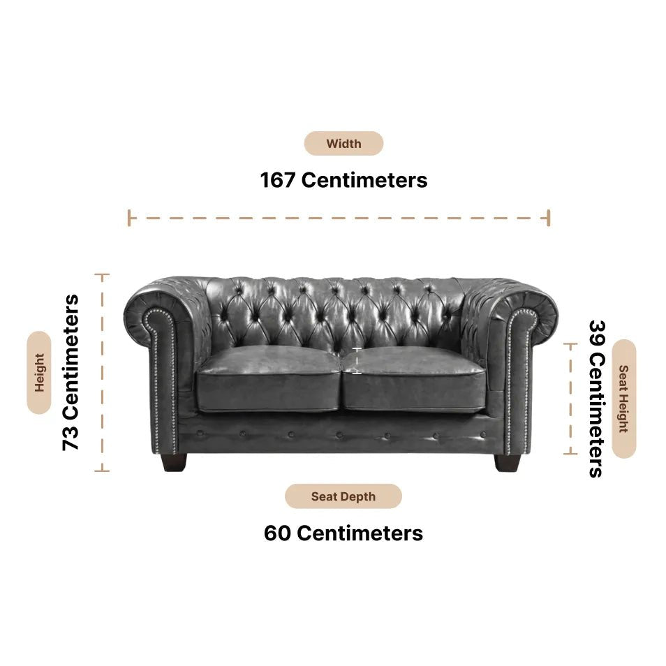 Chesterfield Grey Leather Antique 2 Seater Sofa - Furniture Instore