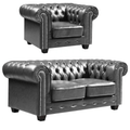 Chesterfield Grey Leather Antique 2+1 Seater Sofa Set