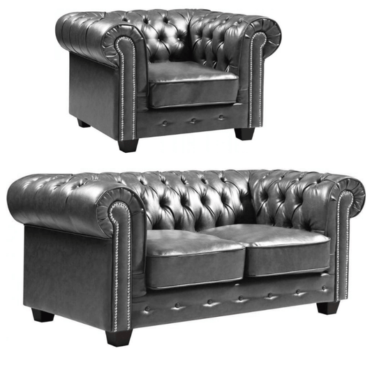 Chesterfield Grey Leather Antique 2+1 Seater Sofa Set - Furniture Instore