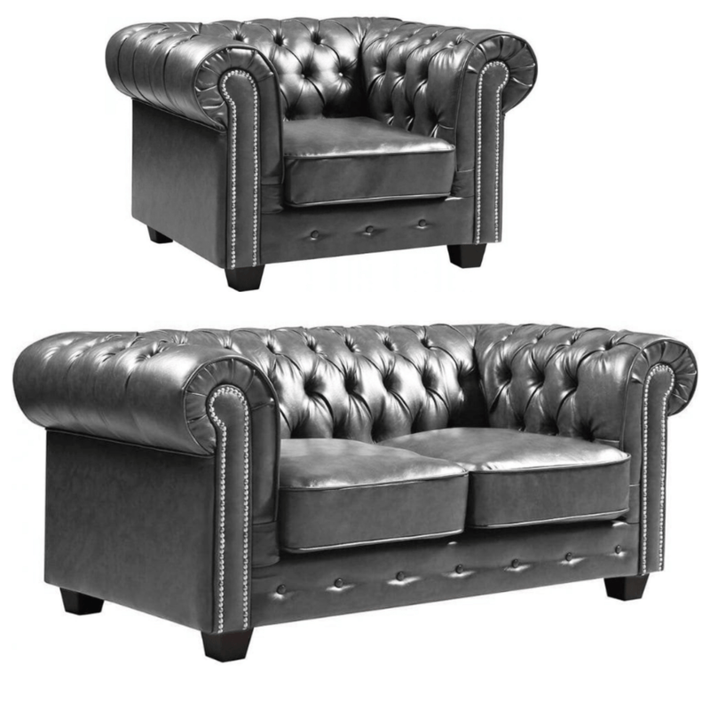 Chesterfield Grey Leather Antique 2+1 Seater Sofa Set - Furniture Instore