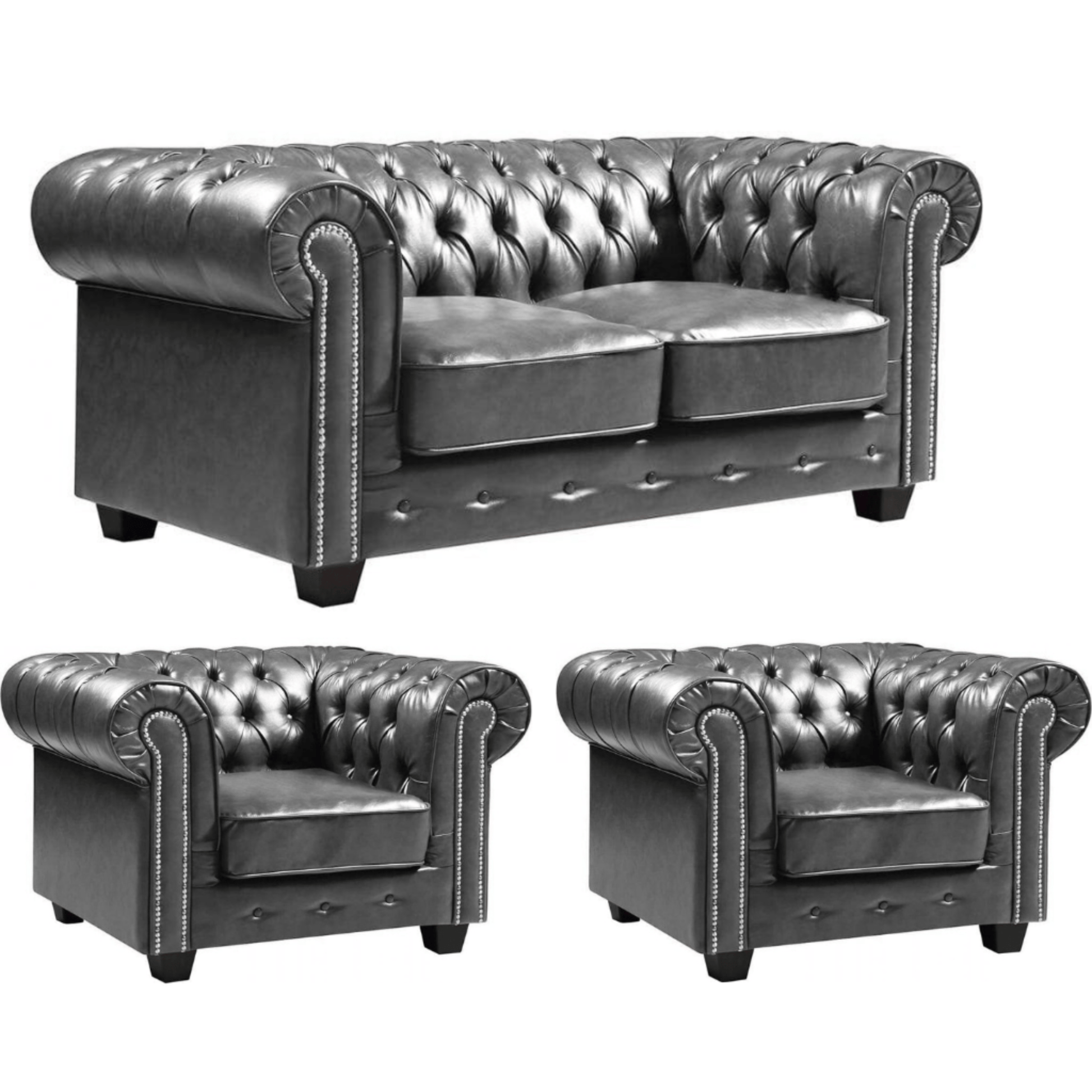 Gray leather sofa set with two armchairs on a white background