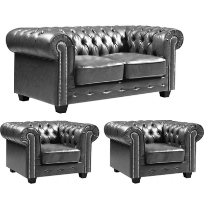 Chesterfield Grey Leather Antique 2+1+1 Seater Sofa Set