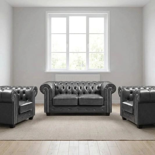 Chesterfield Grey Leather Antique 2+1+1 Seater Sofa Set - Furniture Instore