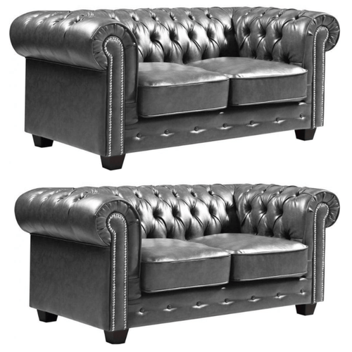 Chesterfield Grey Leather Antique 2+2 Seater Sofa Set