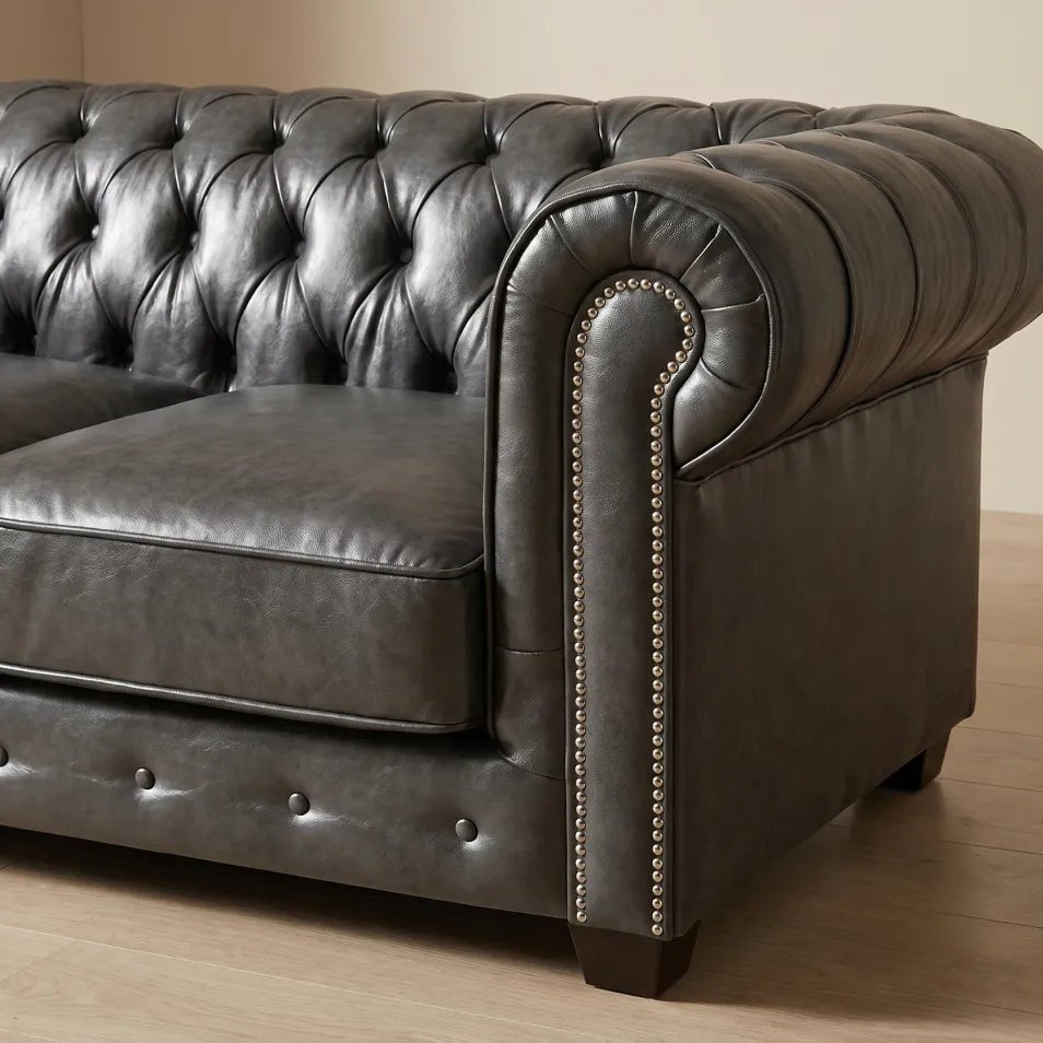 Chesterfield Grey Leather Antique 3 Seater Sofa - Furniture Instore