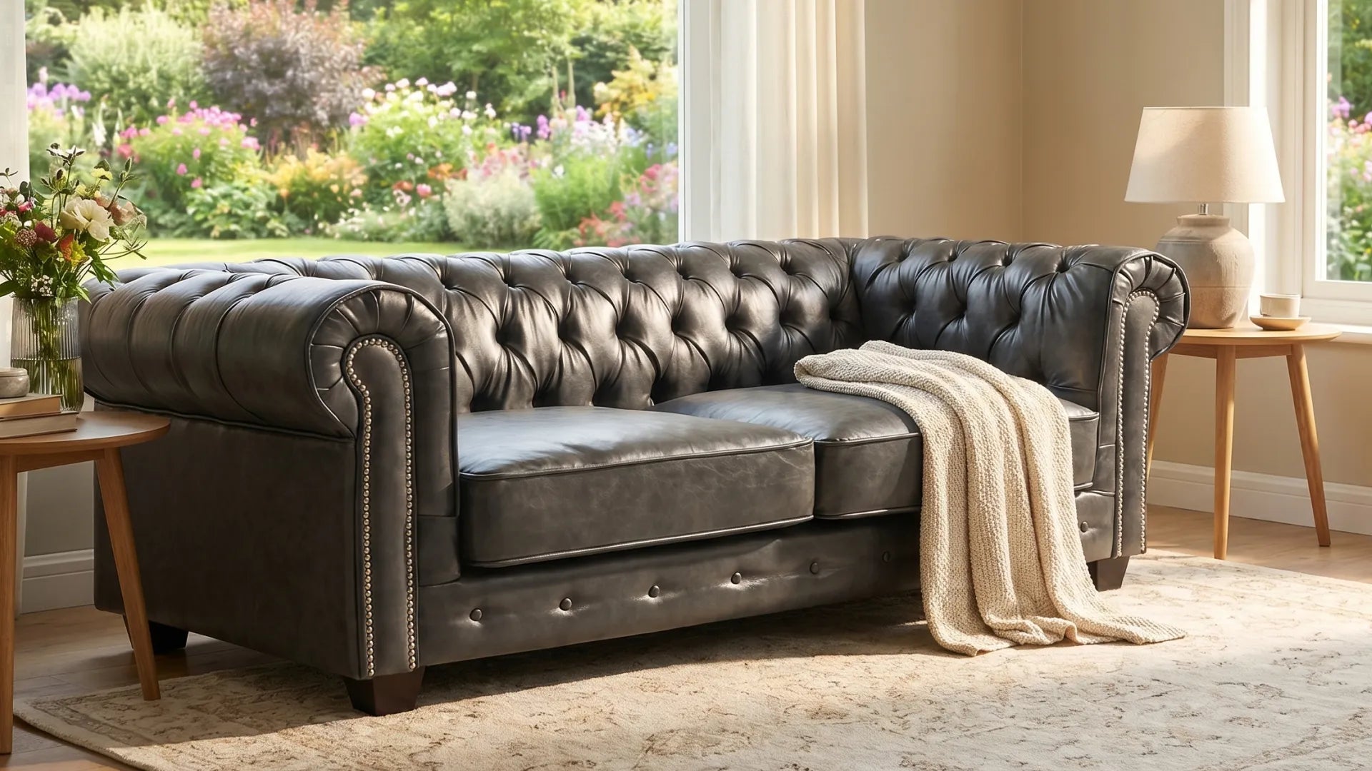 Chesterfield Grey Leather Antique 3 Seater Sofa - Furniture Instore