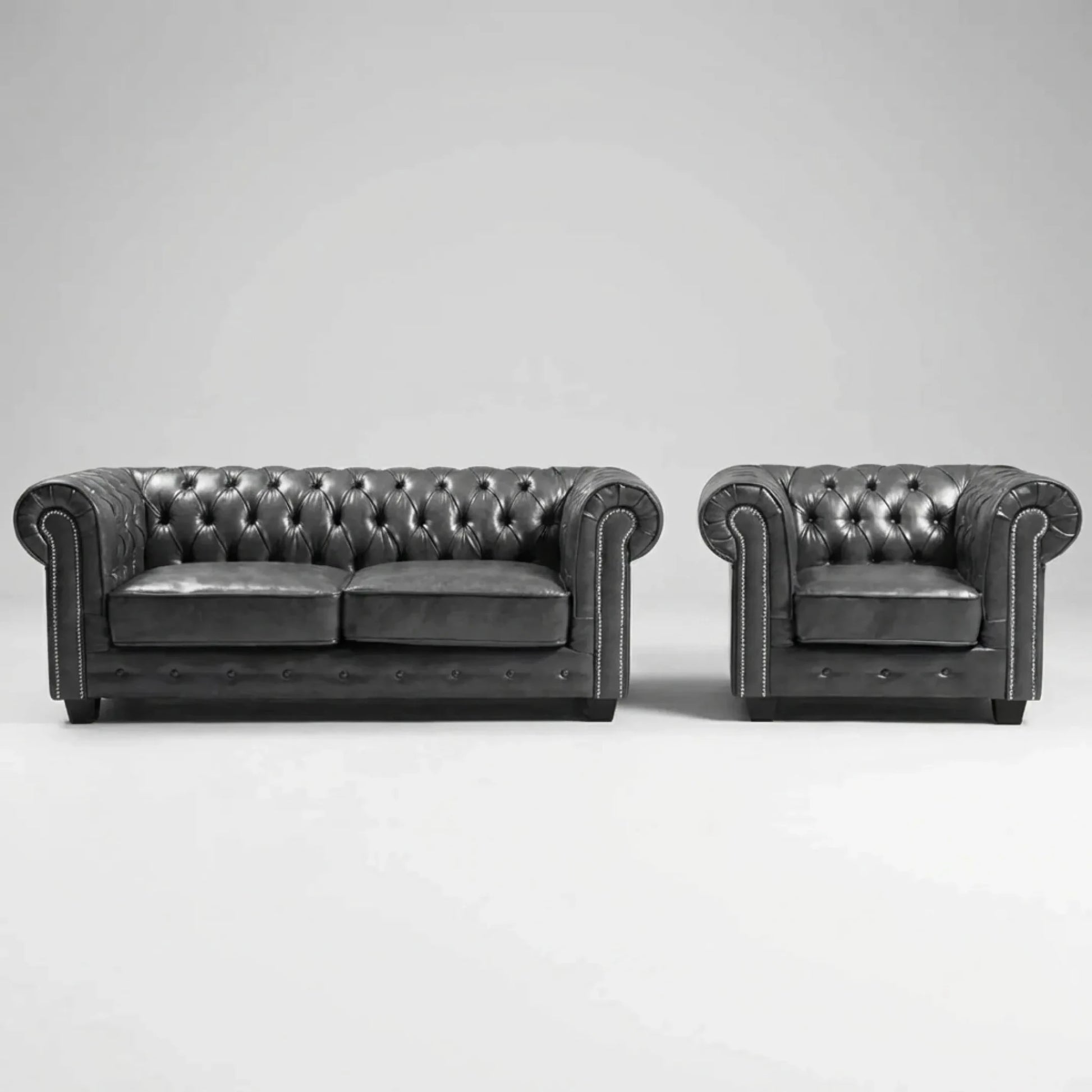Chesterfield Grey Leather Antique 3+1 Seater Sofa Set - view 3 - Furniture Instore