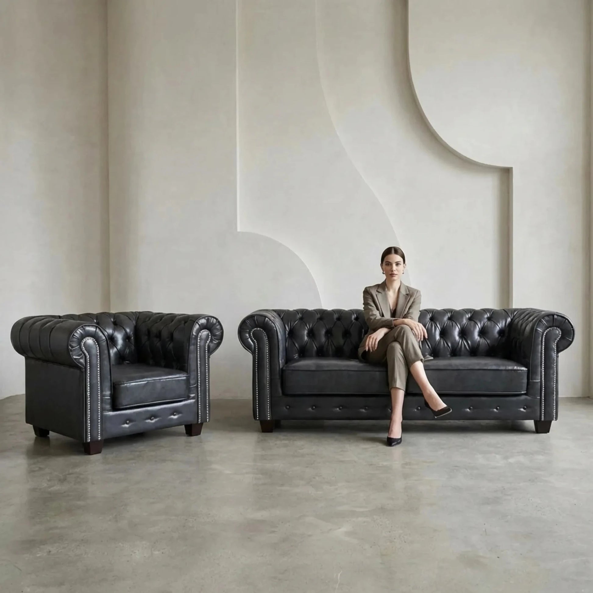 Chesterfield Grey Leather Antique 3+1 Seater Sofa Set - view 4 - Furniture Instore