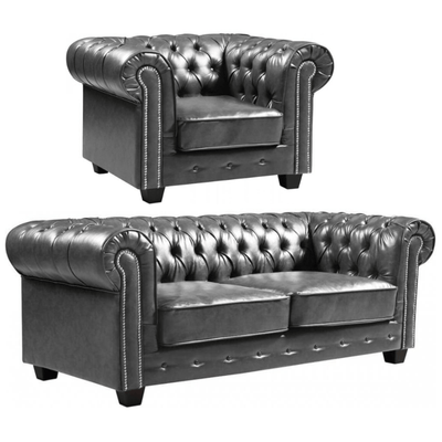 Chesterfield Grey Leather Antique 3+1 Seater Sofa Set