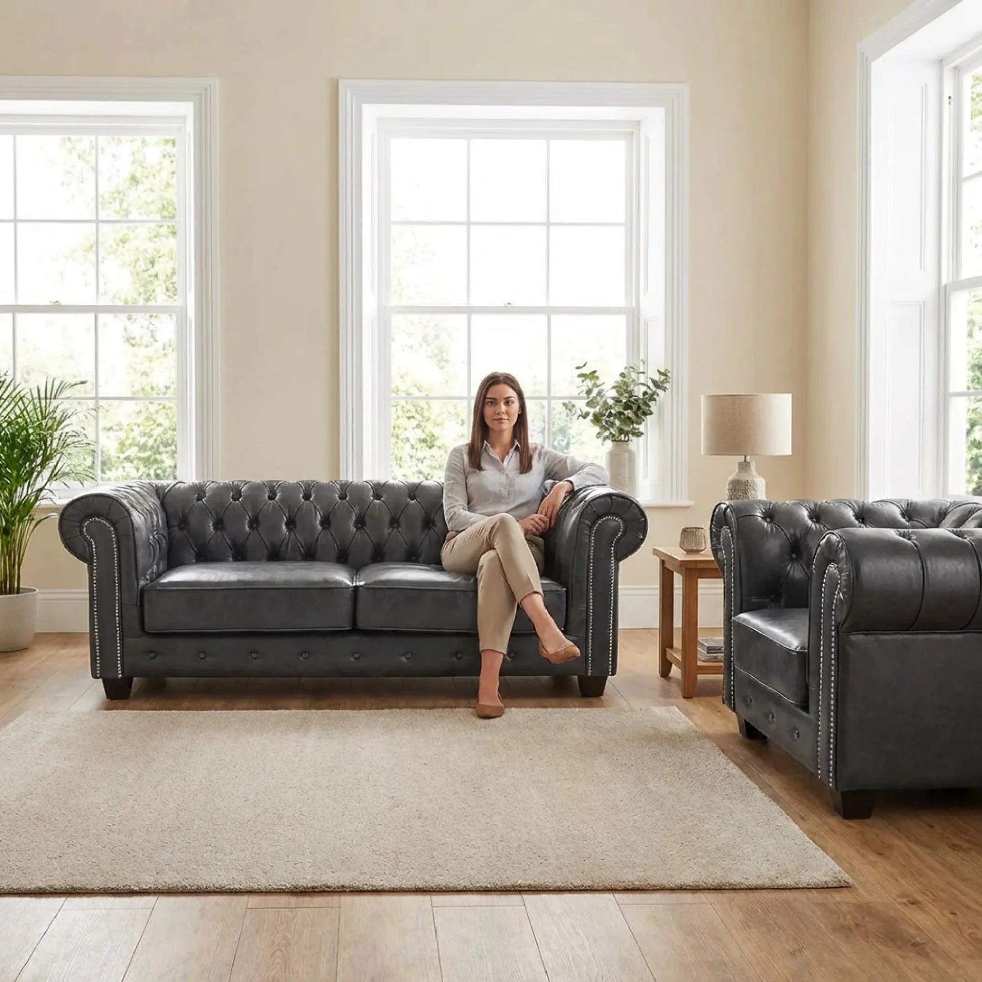 Chesterfield Grey Leather Antique 3+1 Seater Sofa Set - view 2 - Furniture Instore