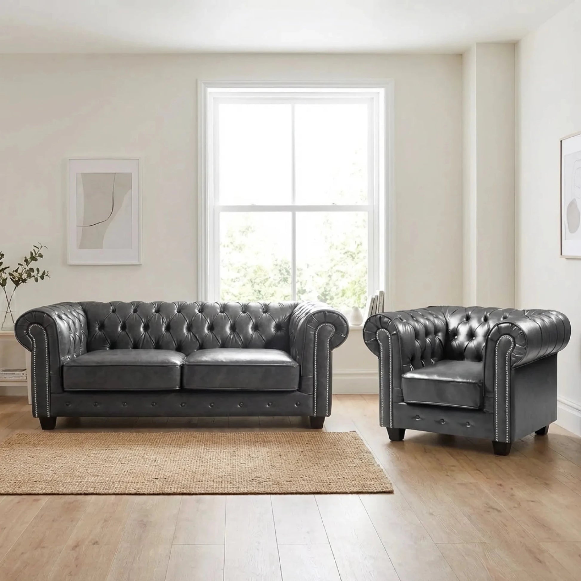 Chesterfield Grey Leather Antique 3+1 Seater Sofa Set - Furniture Instore
