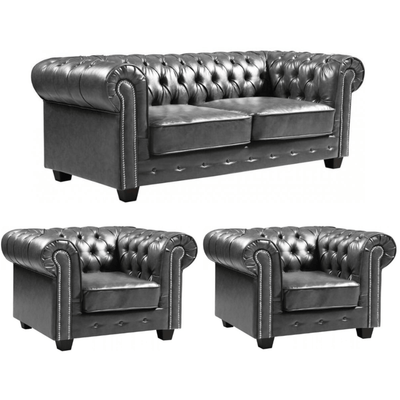 Chesterfield Grey Leather Antique 3+1+1 Seater Sofa Set