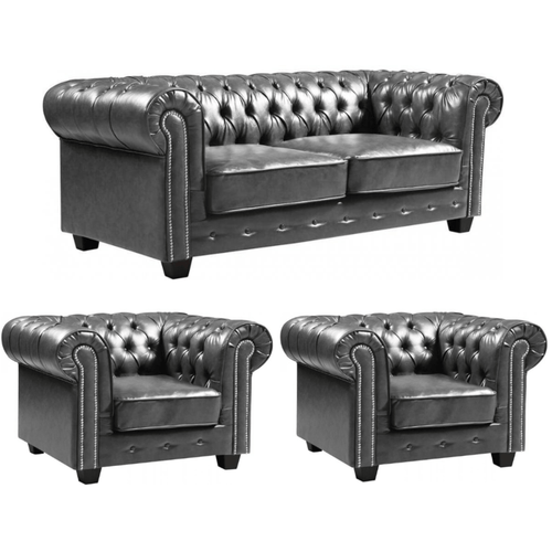 Chesterfield Grey Leather Antique 3+1+1 Seater Sofa Set