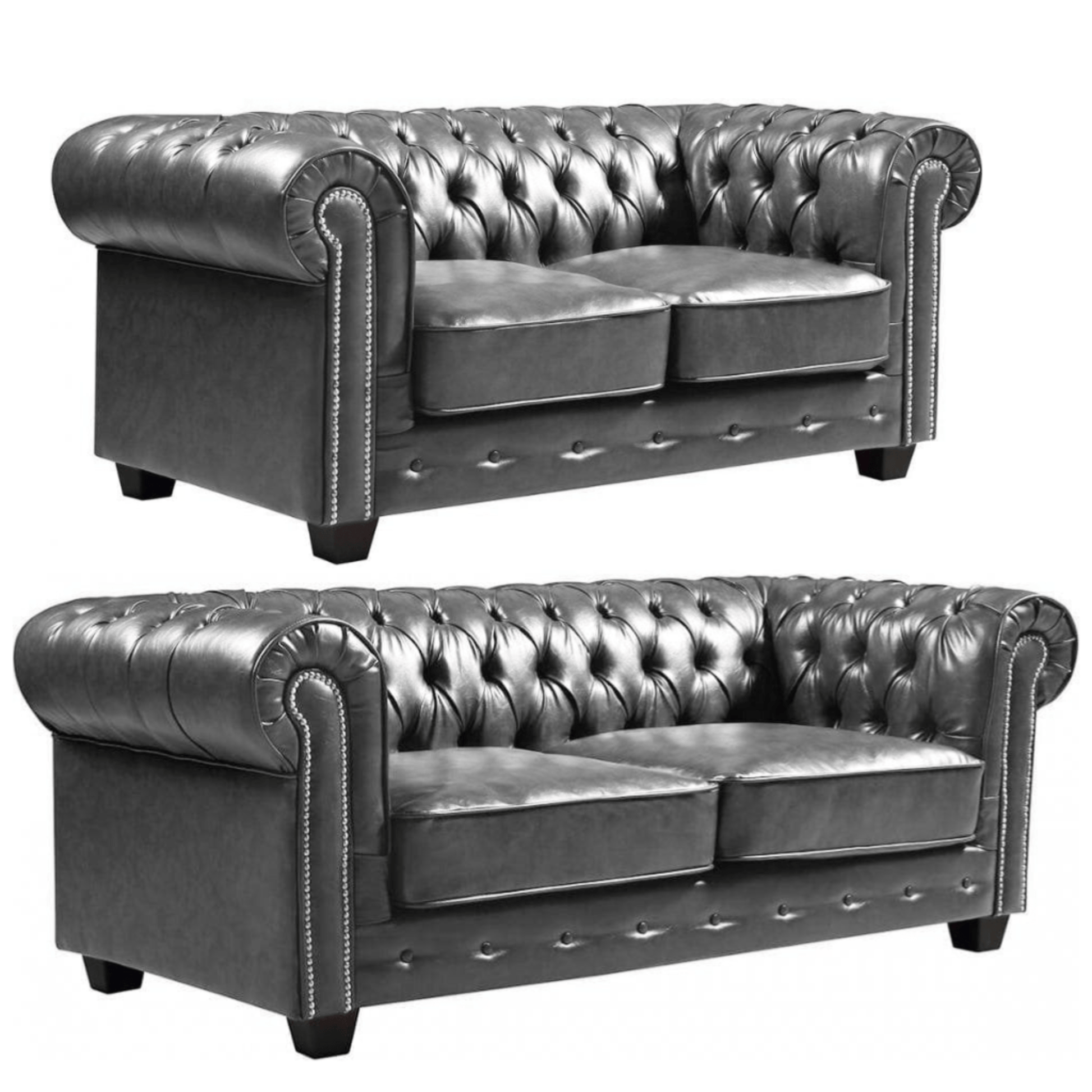 Two gray leather sofas with tufted backrests on a white background