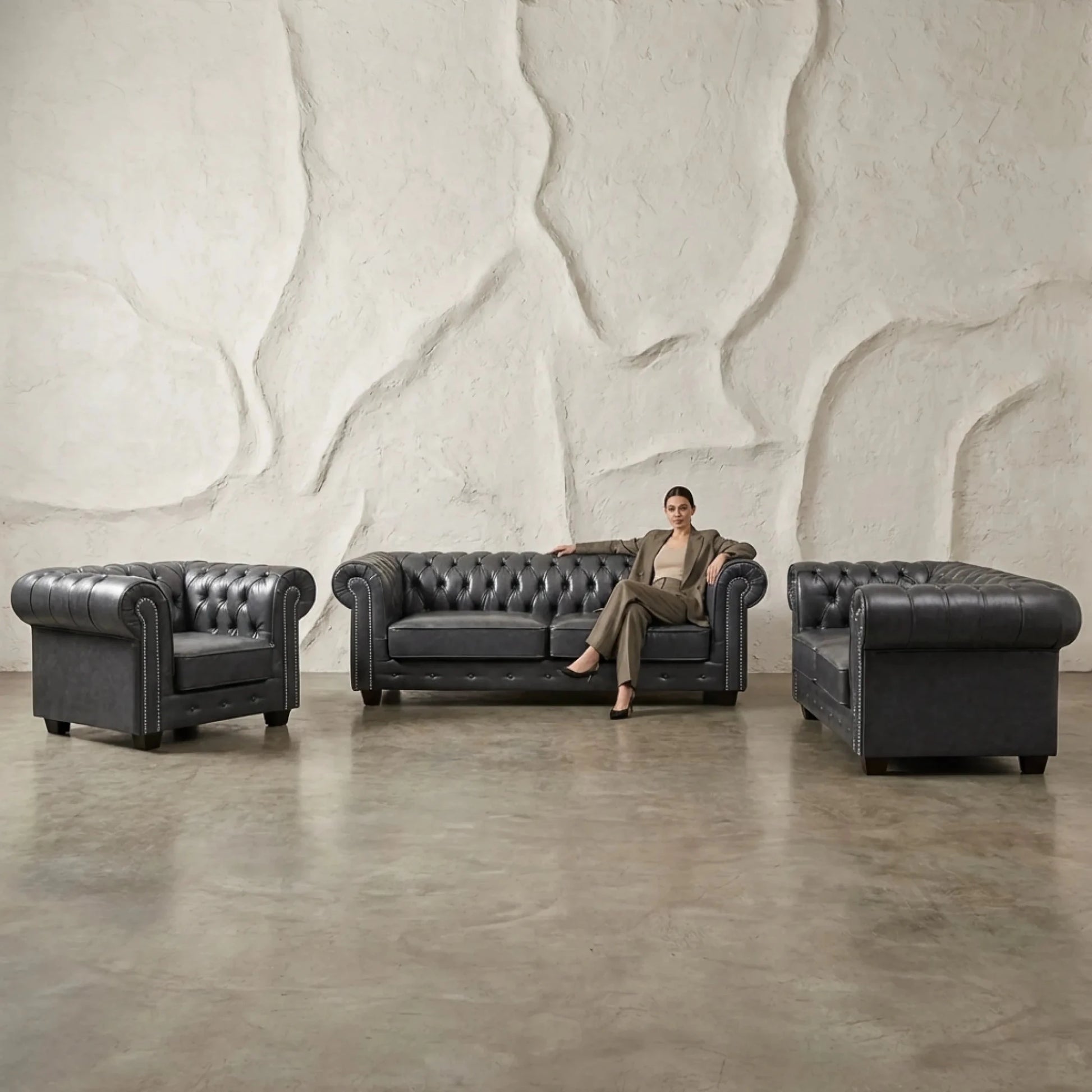 Chesterfield Grey Leather Antique 3+2+1 Seater Sofa Set - view 5 - Furniture Instore