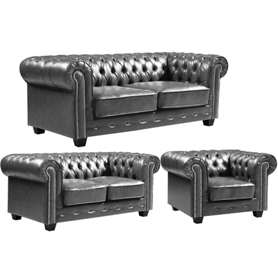 Chesterfield Grey Leather Antique 3+2+1 Seater Sofa Set