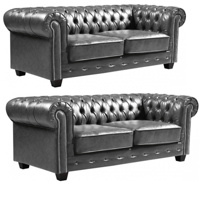Chesterfield Grey Leather Antique 3+3 Seater Sofa Set