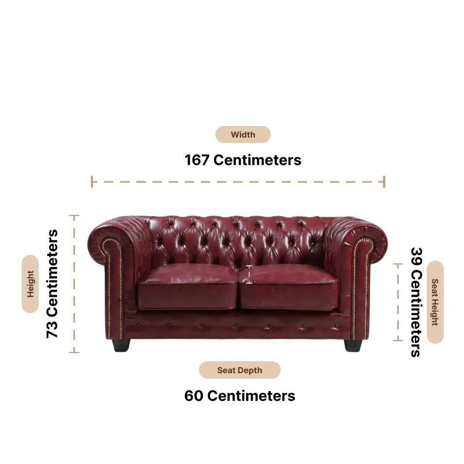 Chesterfield Red Leather Antique 2 Seater Sofa - Furniture Instore
