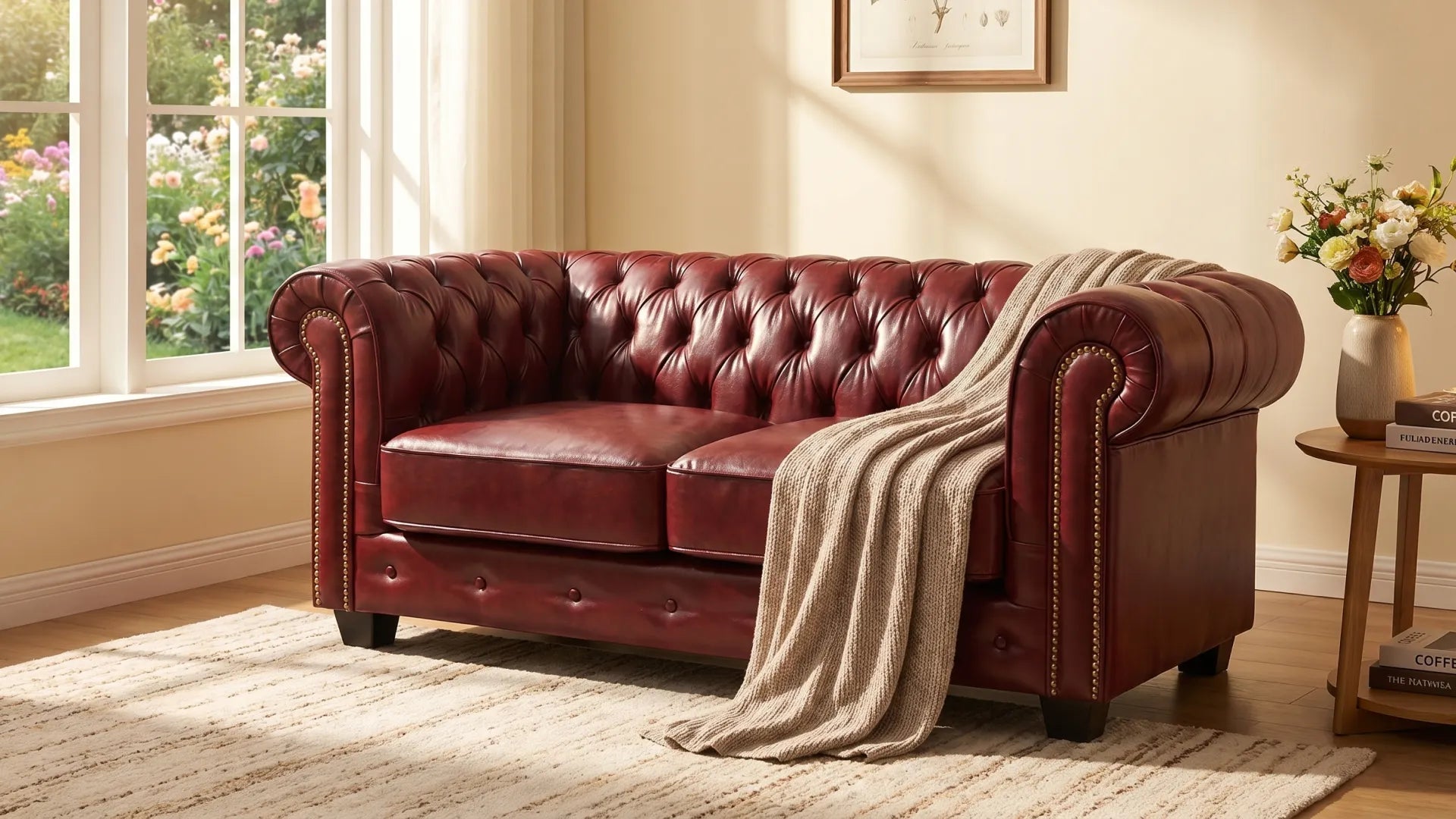 Chesterfield Red Leather Antique 2 Seater Sofa - Furniture Instore