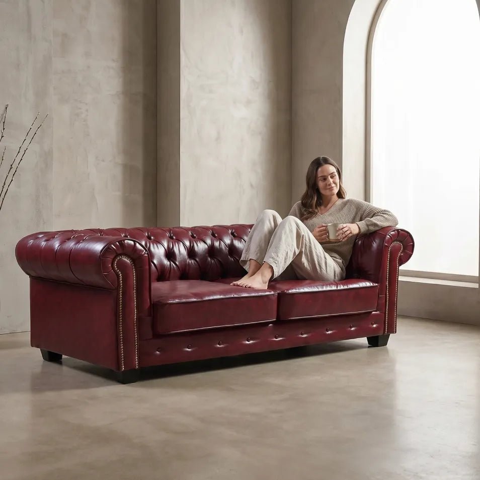 Chesterfield Red Leather Antique 3 Seater Sofa - Furniture Instore