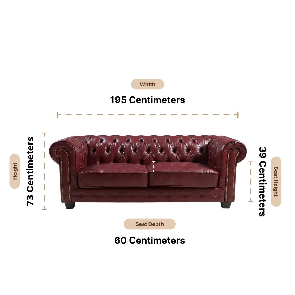 Chesterfield Red Leather Antique 3 Seater Sofa - Furniture Instore