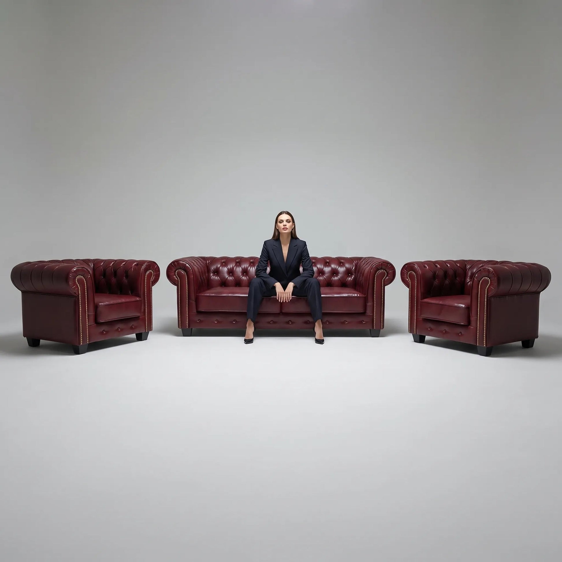 Chesterfield Red Leather Antique 3+1+1 Seater Sofa Set - view 4 - Furniture Instore