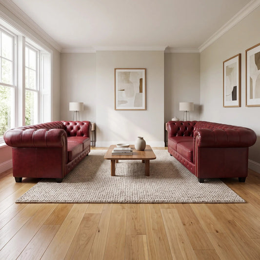 Chesterfield Red Leather Antique 3+3 Seater Sofa Set - Furniture Instore