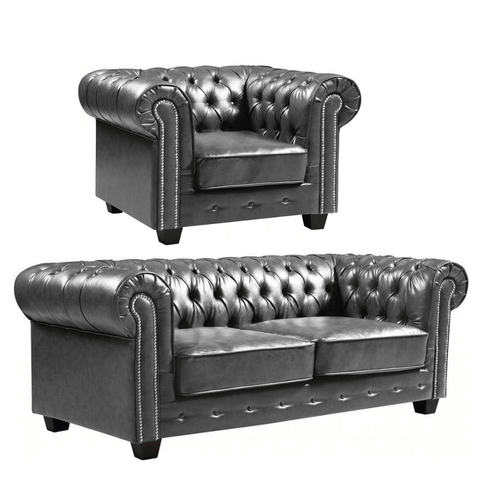Chesterfield Grey Leather Antique 3+1 Seater Sofa Set